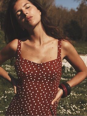 Zara NEW Linen Red Polka Dot Midi Dress